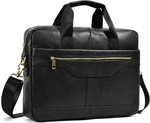 Maletín de cuero genuino para hombres, bolso de hombro para computadora portátil con correa, bolso de trabajo de viaje de negocios de 15.6 pulgadas