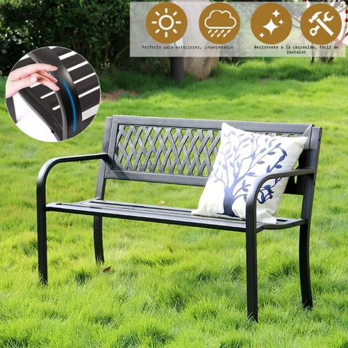 Miniatura 5 de Banco de patio - Banco de jardín de metal para exteriores con reposabrazos, 480 libras, hierro fundido, marco de acero resistente, color negro