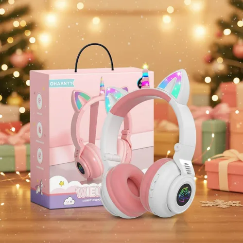 Miniatura 13 de Auriculares Bluetooth con cancelación de ruido para niños, auriculares plegables con forma de orejas de gato y luz LED, auriculares con orejas