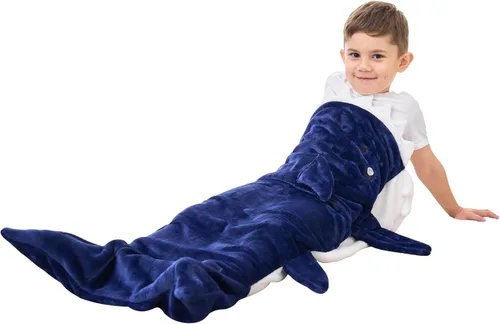 Miniatura 6 de Softan Manta de tiburón para niños, franela suave, juguetes para niños, manta de forro polar con cola de tiburón, azul oscuro, cálida y suave