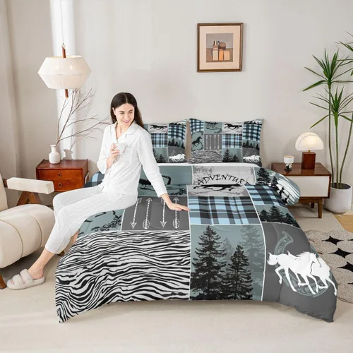 Miniatura 231 de Juego de edredón de oso y ciervo, tamaño individual, ropa de cama de animales salvajes de caza, colcha rústica de cabaña, casa de campo, cuadros