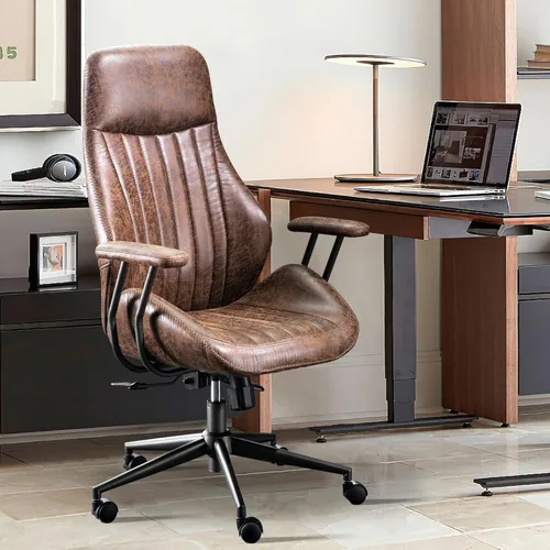 Miniatura 16 de ovios Silla de oficina en casa, sillas ergonómicas de piel sintética de mediados de siglo, respaldo medio, cómodo sillón ejecutivo giratorio