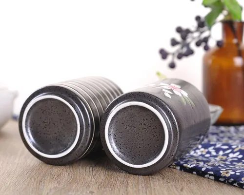 Miniatura 4 de WHJY Juego de 2 tazas de té de cerámica sin asa estilo chino/japonés transicional de 10 oz, patrón de flor de cereza y línea Flower & Line