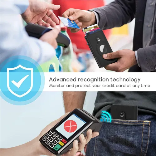 Miniatura 4 de Fermido Billetera delgada para AirTag de piel auténtica RFID, tarjetero desplegable automático, diseño delgado, accesorio multiusos para funda
