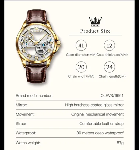 Miniatura 6 de OLEVS Relojes mecánicos automáticos para hombre, reloj esqueleto, impermeable, correa de cuero marrón, negro, oro rosa, relojes de pulsera