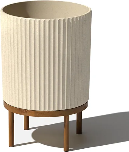 Miniatura 28 de Veradek Demi Series - Maceta redonda con soporte para porche o patio, compuesto de piedra de plástico duradero y soporte de madera, decoración