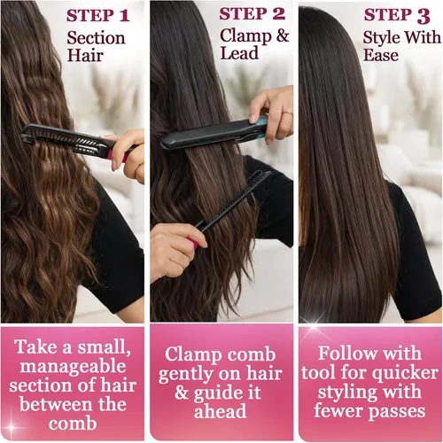 Miniatura 2 de Peine de Alisado de Cabello HerStyler - Peine Alisador para Plancha - Facilita el Estilo - Obtén Cabello Lacio en Minutos (Rosa)