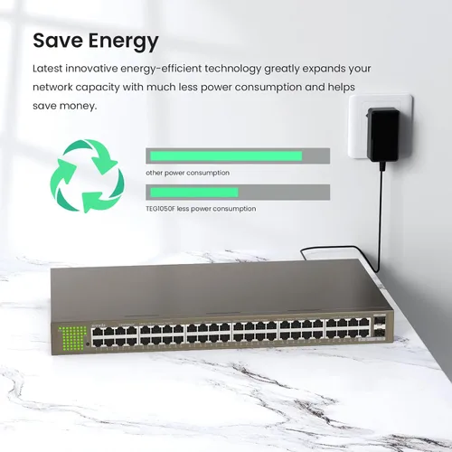 Miniatura 6 de Tenda TEG1050F, conmutador Gigabit de 48 puertos, conmutador Ethernet no administrado con 48 puertos Gigabit y 2 ranuras SFP, Plug & Play, montaje