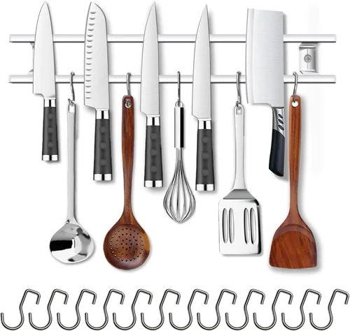 YIIYIIN Soporte magnético para cuchillos de 18 pulgadas para montaje en pared, tiras magnéticas para cuchillos con 12 ganchos, acero inoxidable 304,