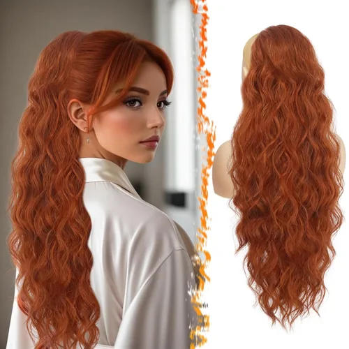 Miniatura 21 de BARSDAR Extensión de cola de caballo rojo burdeos, extensiones de cabello ondulado con cordón de 16 pulgadas para mujer, extensiones de cabello