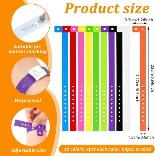 Miniatura 2 de 60 pulseras de vinilo en 10 colores, pulseras de plástico para eventos, pulseras de plástico neón, pulsera de colores para eventos, conciertos