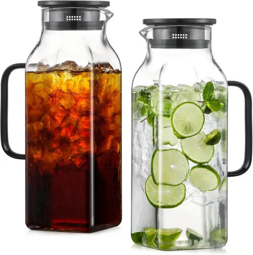 Miniatura 9 de 2 Pack de jarras de vidrio cuadrado de 2 litros/68 oz con tapa y asa para refrigerador, jarra para té helado y café, recipiente para bebidas, jarra