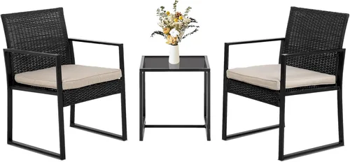 Miniatura 18 de FDW Juego de muebles de patio de 3 piezas Negro Muebles de mimbre para exteriores con mesa de café Juego de sillas de ratán moderno