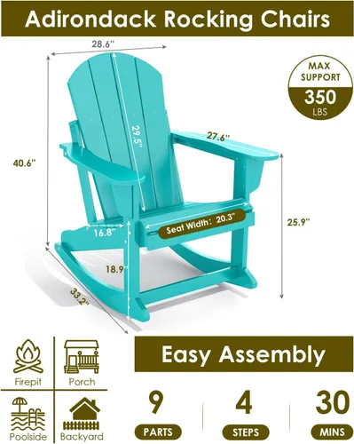 Miniatura 3 de GREENVINES Mecedora Adirondack Plástico HDPE Balancín de porche Silla para terraza de patio al aire libre Todo tipo de clima Aqua