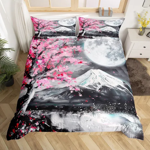 Miniatura 29 de Juego de funda de edredón para niños con diseño de gato lindo, tamaño individual, juego de ropa de cama con hojas de flores, luna, noche y cielo