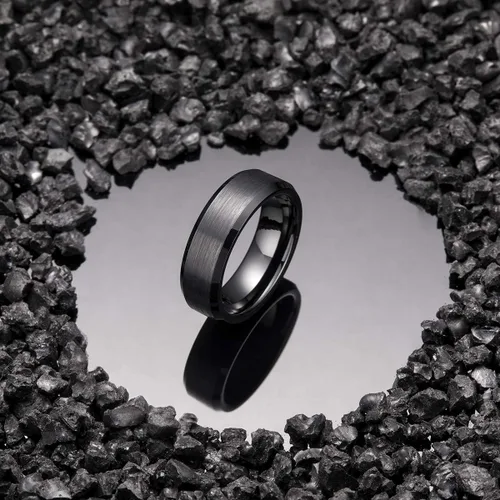 Miniatura 147 de King Will Anillo de boda de tungsteno para hombre, disponible en 15/64 a 25/64 de pulgada (6 a 10 mm), negro/plata, acabado mate, borde pulido