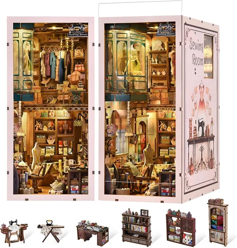 Miniatura 15 de fifijoy Kit de rincón de libros - Kit de casa de muñecas en miniatura DIY para adultos y adolescentes, decoración retro de estantería de restaurante