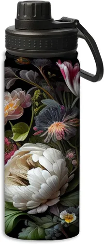 Miniatura 10 de Botella de agua de acero inoxidable de 18 onzas con diseño floral de flores en una noche negra, aislada al vacío, de doble pared, a prueba de fugas