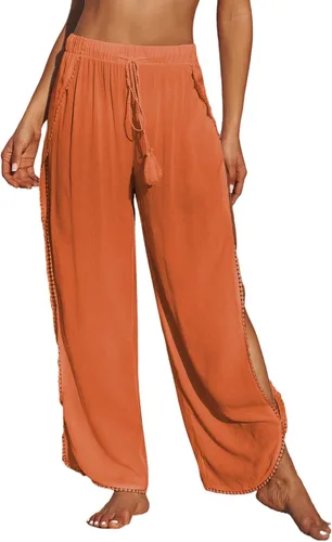 Herseas Traje de baño para mujer, pantalones elásticos de cintura alta dividida en el muslo y pierna ancha, pantalones de playa con borla