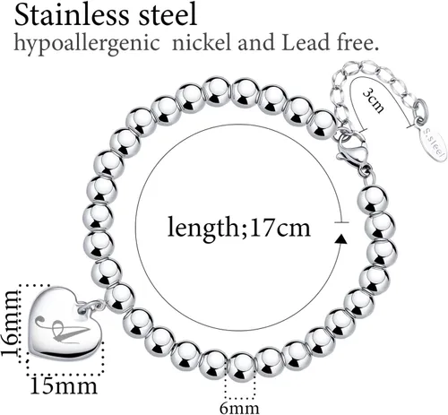 Miniatura 8 de Estendly - Pulsera de cuentas de acero inoxidable de 6mm con dije en forma de corazón e inicial, 26 letras, ideal como regalo de cumpleaños