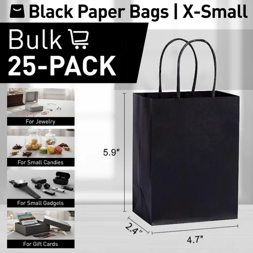 Miniatura 2 de SUNCOLOR 25 bolsas pequeñas de regalo negras con asas, mini bolsas de regalo de 6 pulgadas para recuerdos de fiesta, golosinas y recuerdos de boda
