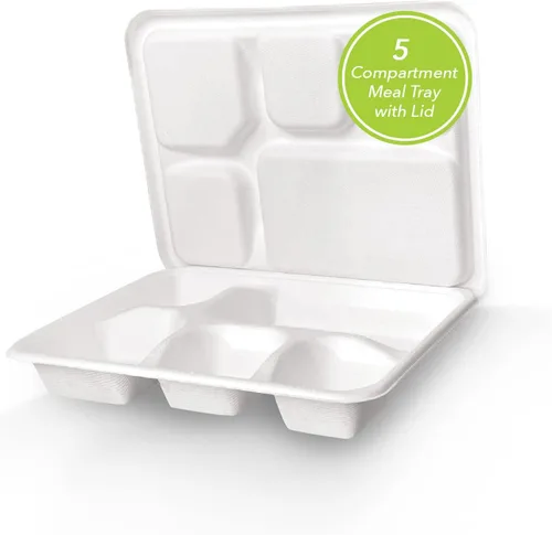 three leaf Bandeja de comida con tapa de 5 compartimentos, 200 juegos. Bandeja de bagazo desechable resistente y ecológica con tapa, platos 100% 5