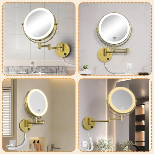 Miniatura 6 de Gospire Espejo iluminado montado en la pared de 9", con aumento 1X/10X, espejo de baño LED de doble cara, 3 luces de color y atenuación sin Dorado