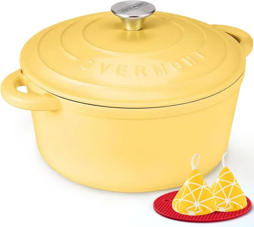Miniatura 33 de Overmont Horno holandés de hierro fundido esmaltado, olla de 5.5 cuartos de galón con tapa de asas anchas, libro de cocina y agarraderas de algodón