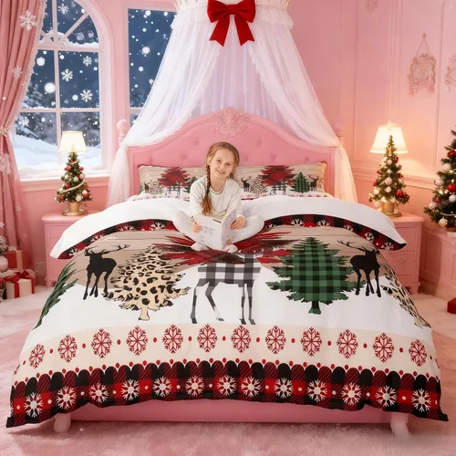 Miniatura 19 de Juego de funda de edredón para niños con diseño de Navidad, tamaño individual, camiones rojos y árboles de pino con copos de nieve, decoración