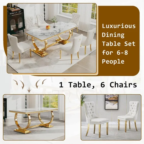 Miniatura 7 de Juego de mesa de comedor de 7 piezas, mesa de cocina de lujo de mármol sintético blanco de 70 pulgadas y 6 sillas copetudas de terciopelo beige