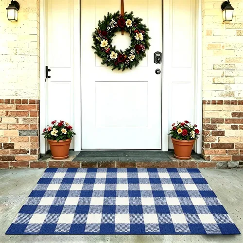 Miniatura 4 de SEEKSEE Alfombra de Algodón a Cuadros Buffalo 3'x5' Azul y Blanco Alfombra a Cuadros Lavable Felpudos para Interiores y Exteriores para Alfombras