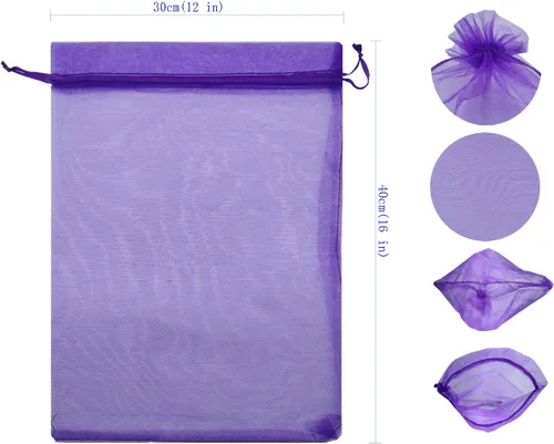 Miniatura 3 de Ankirol 50 bolsas de organza transparente, 12 x 16 bolsas grandes de organza con cordón (morado oscuro)
