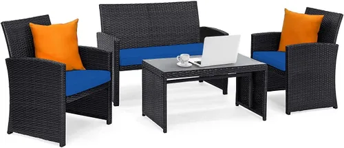 Miniatura 17 de Tangkula Juego de muebles de mimbre para patio de 4 piezas, juego de sofá y mesa Patiojoy con 4 asientos, juego de sofá de ratán al aire libre