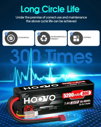 Miniatura 6 de HOOVO 2S 7.4V 5200mAh 80C RC LiPo - Carcasa rígida con conector T para vehículos RC Buggy, coche, barco, camión (paquete de 2)
