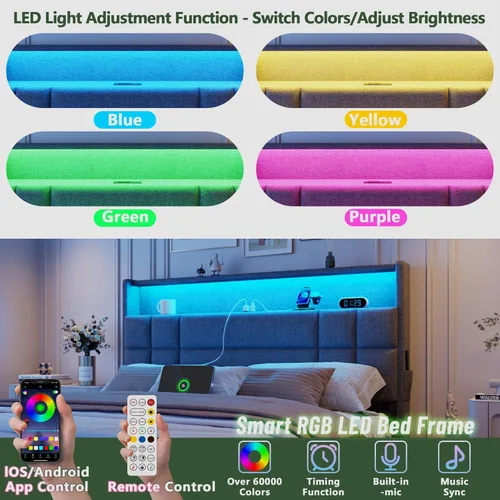 Miniatura 5 de Forestell Base de cama Queen con 4 cajones y cabecera de almacenamiento, base de cama tapizada gris tamaño Queen con estación de carga y luces LED