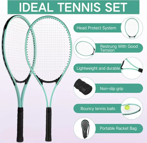 Miniatura 4 de 16 raquetas de tenis para adultos recreativas para 8 jugadores, raqueta de tenis de 27 pulgadas, raqueta de tenis ligera a granel con 8 pelotas