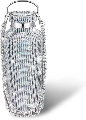 Geiserailie Botella de agua con diamantes de imitación de acero inoxidable, térmica, recargable, aislada, con cadena, para mujeres y niñas (17.7