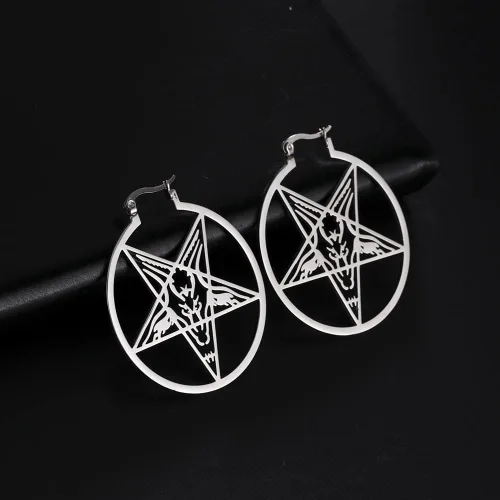 Miniatura 4 de LIKGREAT Aretes grandes de pentagrama para mujer, aretes de aro con hebilla de pentáculo, pendientes de Wiccan paganos, joyería de fiesta