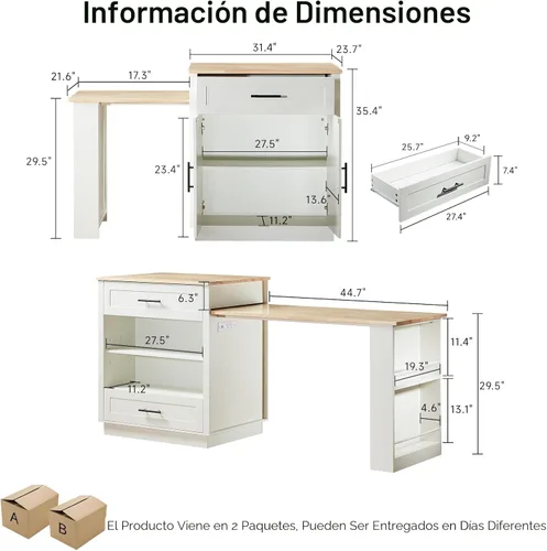 Miniatura 2 de ONBRILL Islas de cocina de 76 pulgadas con mesa de comedor extensible, mesa de isla de 2-6 para cocina, mesa de cocina móvil con almacenamiento