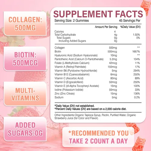 Miniatura 3 de 180 unidades de gomitas de colágeno 2500mg de proteína de colágeno tipo I II III V X con biotina, vitamina C, A, B, D, E, queratina, ácido