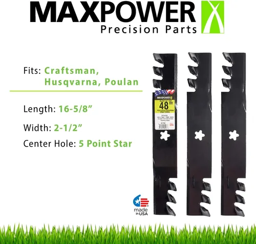Miniatura 4 de Maxpower Juego de cuchillas de elevación alta y mulching para cortadoras de 48 pulgadas Cut Craftsman, Husqvarna, Poulan