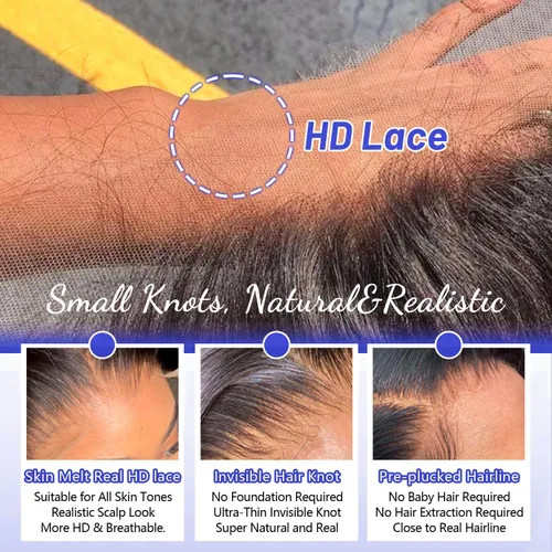 Miniatura 5 de Encaje frontal HD de 13 x 4, cierre de encaje HD real similar a la piel, solo ondulado, 0.004 in, extremadamente fino de oreja a oreja, cabello