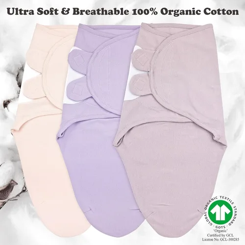 Miniatura 8 de Mantas para envolver para recién nacidos – Juego de 3 mantas para bebé de 0-3 meses – Saco de dormir ajustable – Envuelto suave de algodón orgánico