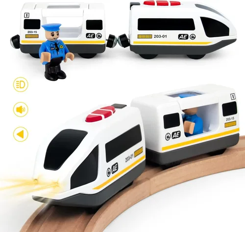 WOOD CITY Tren a pilas para pista de madera, juego de tren de locomotora eléctrica con potente motor compatible con Thomas, Brio, Chuggington,