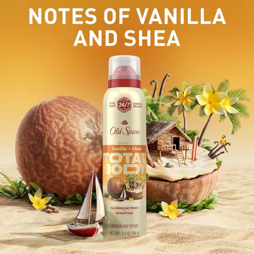 Miniatura 7 de Old Spice Desodorante en aerosol para todo el cuerpo para hombres, sin aluminio, aroma a vainilla + karité, protección contra olores 24/7, frescura