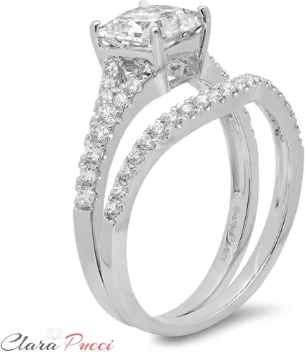 Miniatura 4 de Juego de anillos de compromiso de zafiro blanco de 14 quilates de corte princesa de 201 quilates con zafiro blanco y diamante de imitación diseño