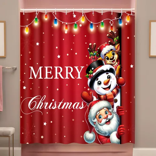 Tieshankao Cortina de ducha de Navidad, Papá Noel, muñeco de nieve, reno, decoración de baño con 12 ganchos, 72 x 72 pulgadas, decoraciones navideñas