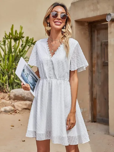 Miniatura 3 de Floerns - Mini vestido de encaje con cuello en V y manga corta para mujer