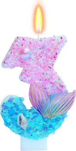 Miniatura 10 de Velas de cumpleaños con temática de sirena, número 4 para niñas, suministros para fiesta de cumpleaños con purpurina, decoración de fiesta