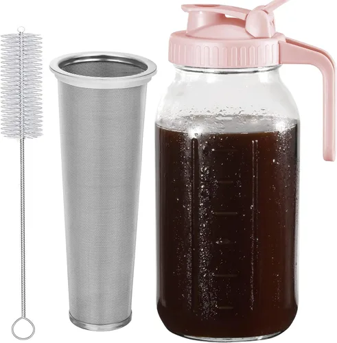 Miniatura 9 de Glyntrof Cafetera de Café Frío Jarra de Vidrio, Frasco Mason de 32 oz con Tapa con Asa y Pico Vertedor con Filtro de Acero Inoxidable para Café Gris